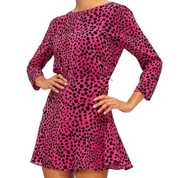 Rixo Kyla 100% Silk Hot Pink Cheetah Leopard Print Womens Mini Dress Size Large - Picture 1 of 16